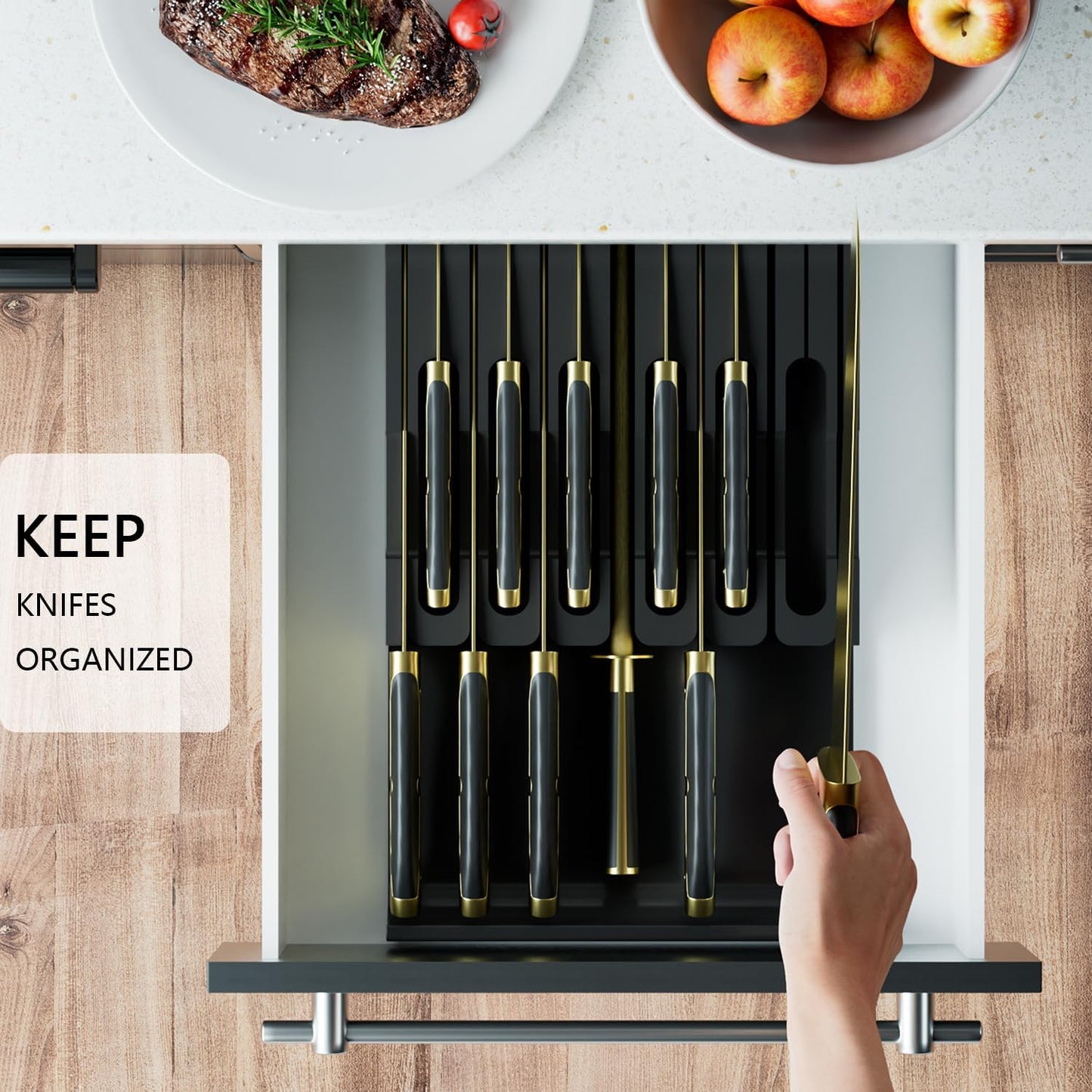 Bamboo In-Drawer Knife Block - Kitchen Drawer Organizer Insert, Steak Knife Holder without Knives