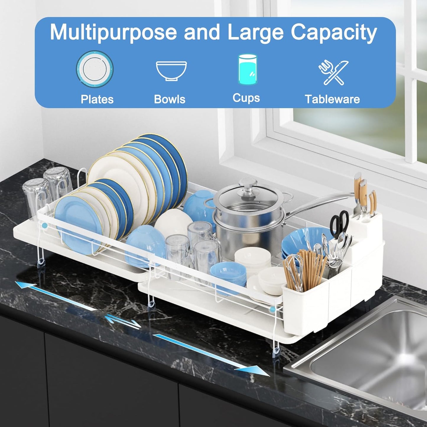 Expandable Dish Drying Rack,Multifunctional Adjustable Dish Drainer with Swivel Spout and Anti-Rust Dish Rack with Removable Cutlery & Cup Holders for Kitchen Counter,White