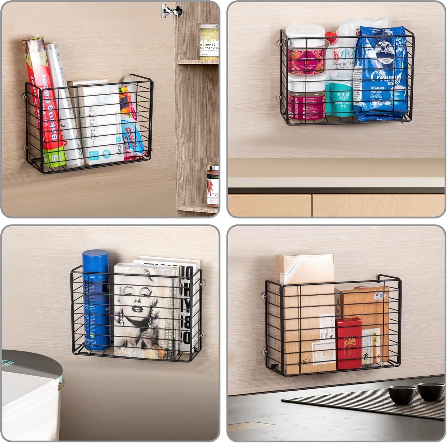 Wall Mounted Storage Basket, Black Metal Wire Kitchen Wrap Organizer Rack