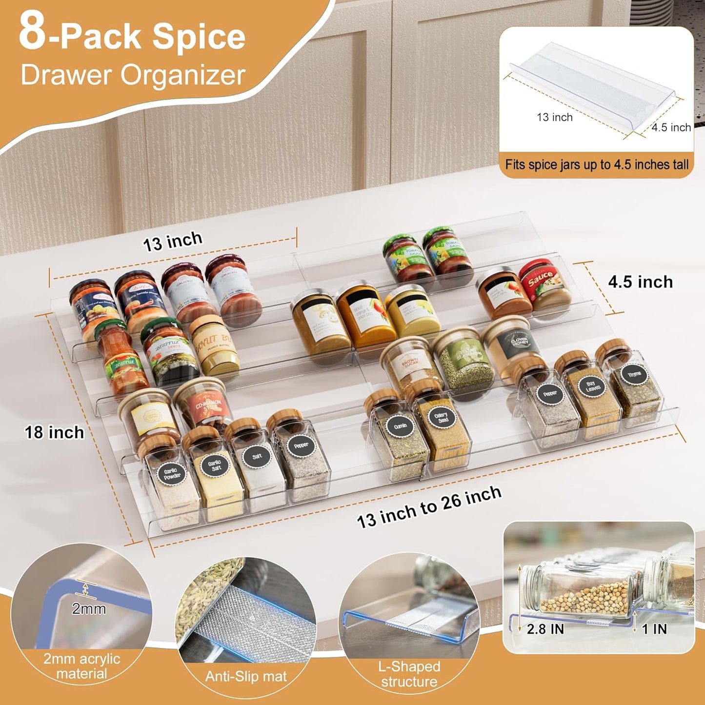 8-Pack Spice Drawer Organizer, Expandable Acrylic Seasoning Rack (13" to 26") with Anti-Slip Mat