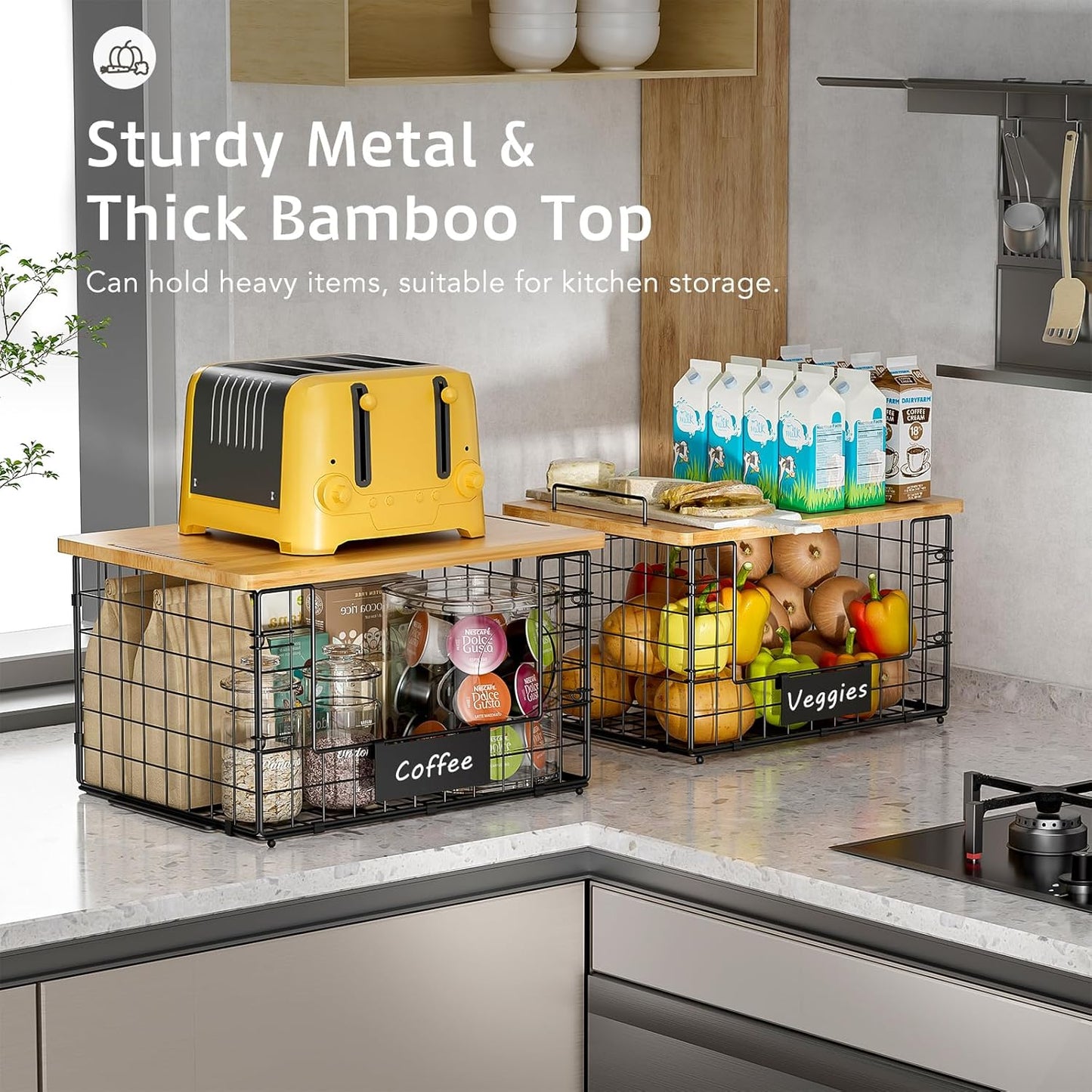 2 Pack Stackable Wire Baskets with Bamboo Top for Pantry Organizers and Storage