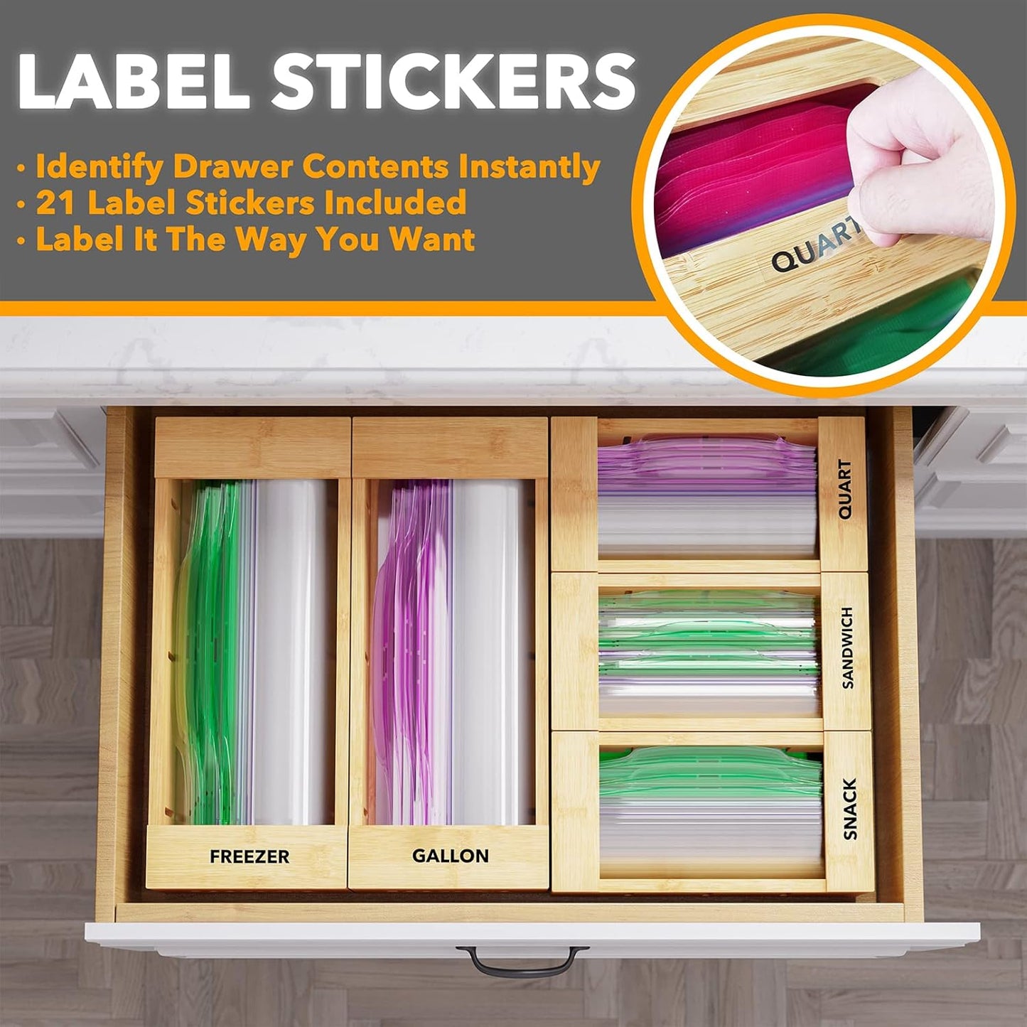 Bag Storage Organizer for Kitchen Drawer, Bamboo Organizer, Compatible with Gallon, Quart