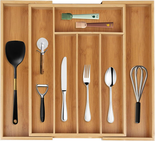 Bamboo Drawer Organizer Expandable Cutlery Tray Adjustable Utensils Holder 5-7 Compartments Wood Drawer Dividers Organizer for Storing Silverware, Flatware, Knives in Kitchen, Bedroom, Living Room