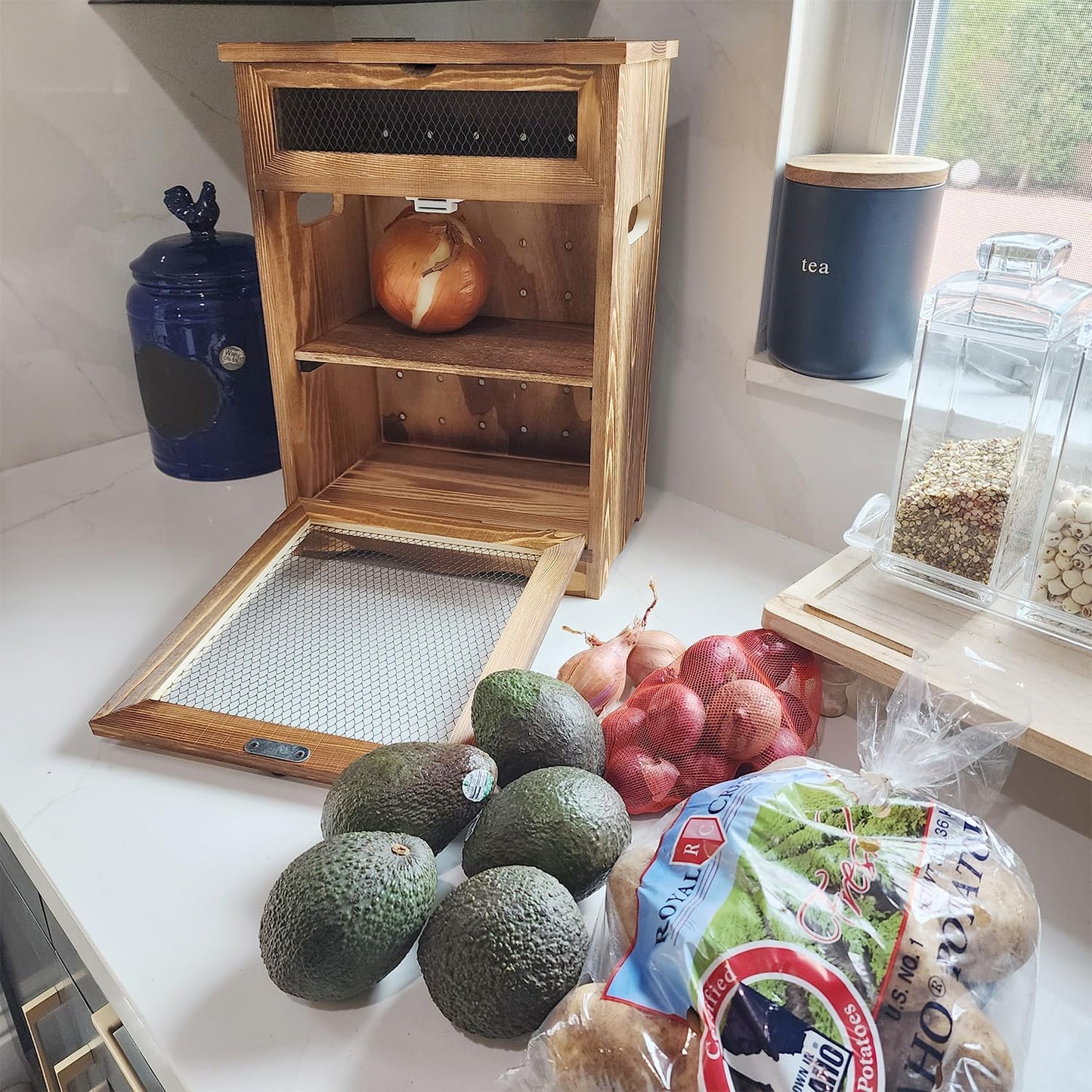 Free Assemble Wooden Countertop Potato and Onion Storage Bin Box,Countertop Cabinet