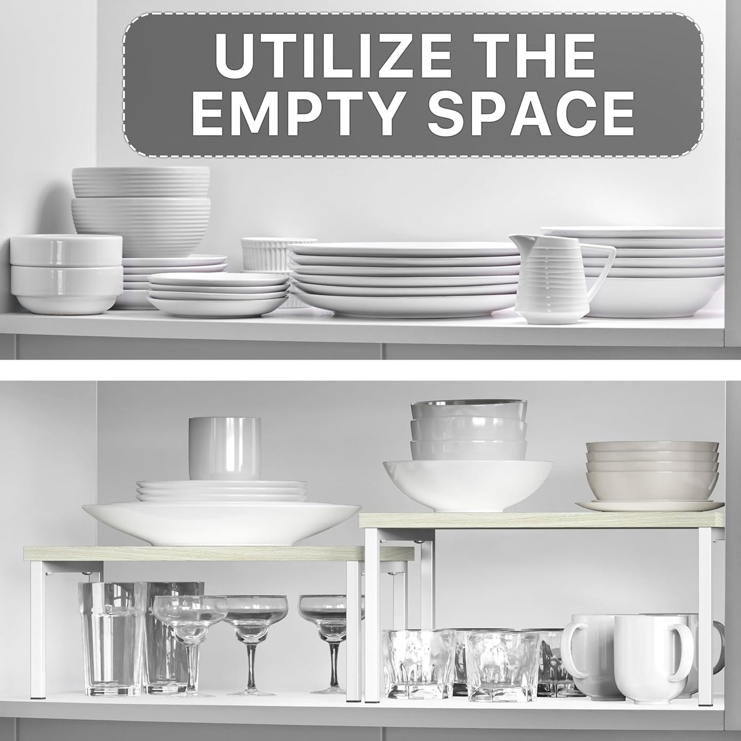 Expandable Stackable Cabinet and Counter Shelf Organizer with Wooden Surface