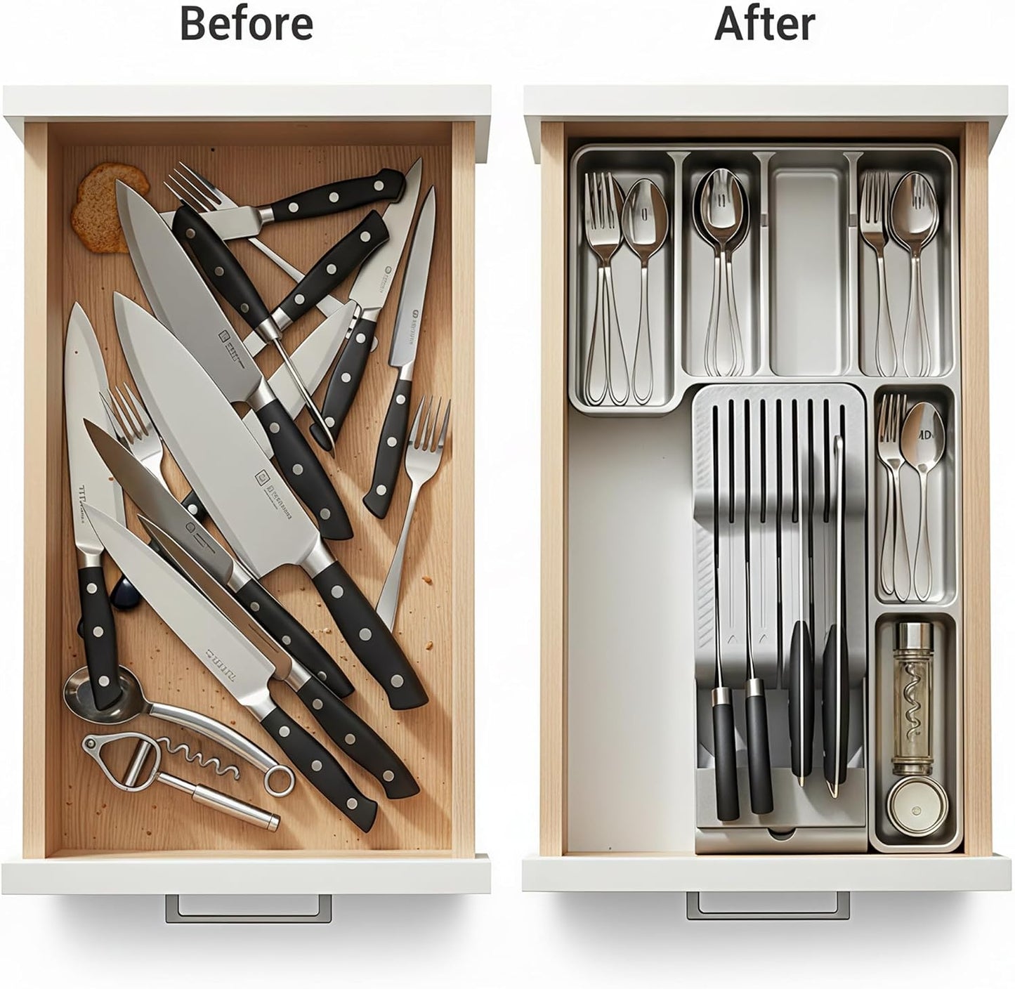 Li&Zhao Knife Drawer Organizer with Integrated Sharpening Stone – Drawer Knife Organizer for Efficient Kitchen Organization, Knife Organizer Drawer Insert Securely Stores Up to 14 Knives
