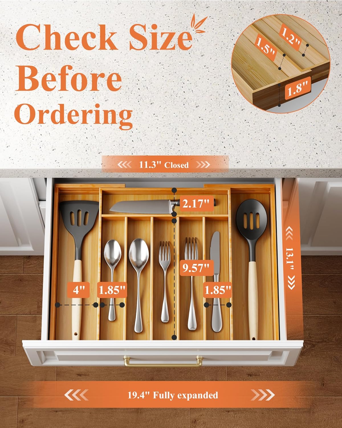 Large Bamboo Silverware Organizer - Expandable Drawer Organizer for Utensil, Cutlery and Flatware