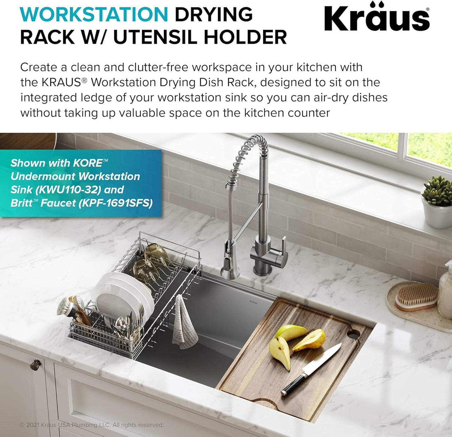Workstation Kitchen Sink Dish Drying Rack Drainer and Utensil Holder, 17" L x 9" W