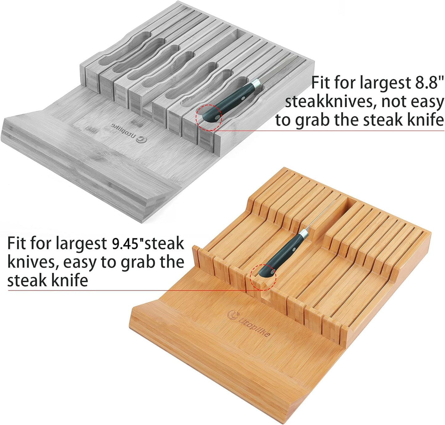 In-drawer Knife Block Bamboo Kitchen Knife Drawer Organizer Large