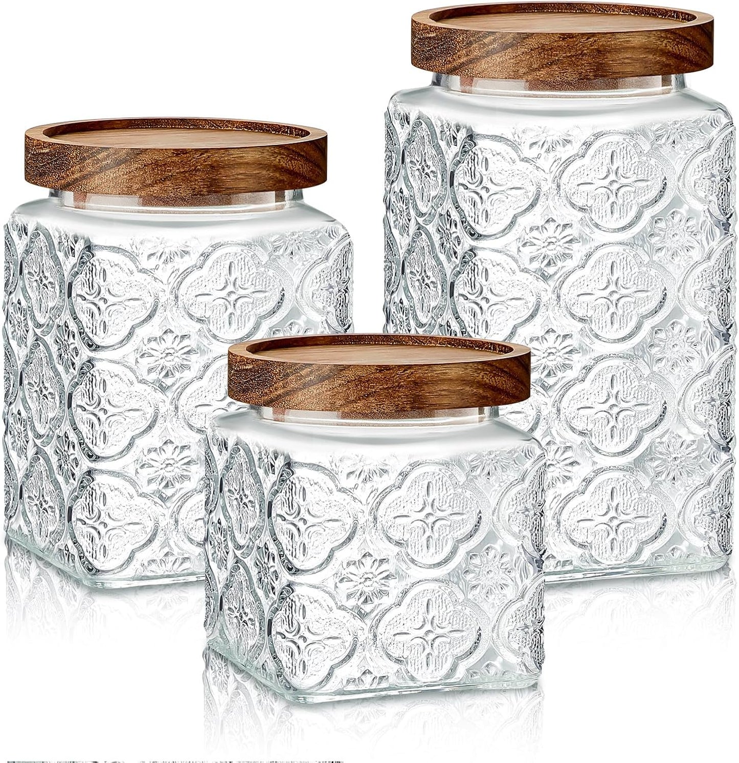 3 Pcs Glass Food Storage Containers 17/24/34 oz Vintage Glass Jar with Lid Begonia Pattern Airtight Candy Jar Food Jars Canisters for Kitchen Counter Pantry Coffee Tea Beans (Square)