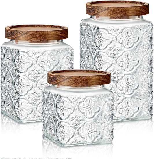 3 Pcs Glass Food Storage Containers 17/24/34 oz Vintage Glass Jar with Lid Begonia Pattern Airtight Candy Jar Food Jars Canisters for Kitchen Counter Pantry Coffee Tea Beans (Square)