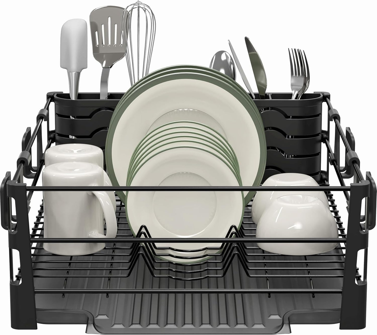 Dish Drying Rack with Drainboard, Utensil Holder & Mug Hooks, Black Metal Kitchen Counter Organizer