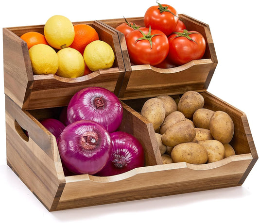 Acacia Wood Pantry Storage Bins, Stackable Storage Baskets Potato and Onion Storage Bins