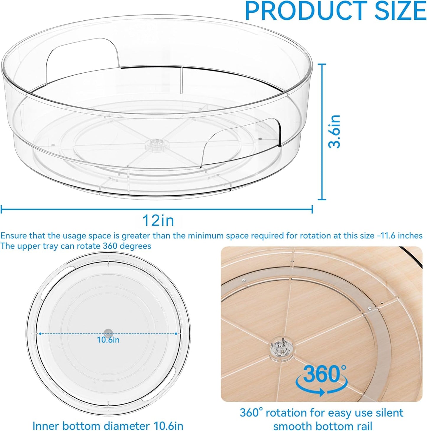 4 Pack 12" W Clear Acrylic Lazy Susan Turntable for Cabinet,Refrigerator,Pantry and Kitchen
