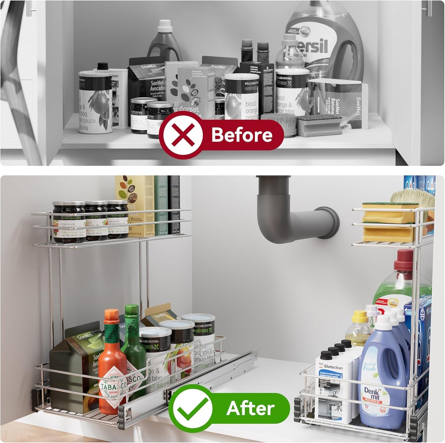 Under Sink Organizer 9" W X17 D, Pull Out Cabinet Organizer 2 Tier