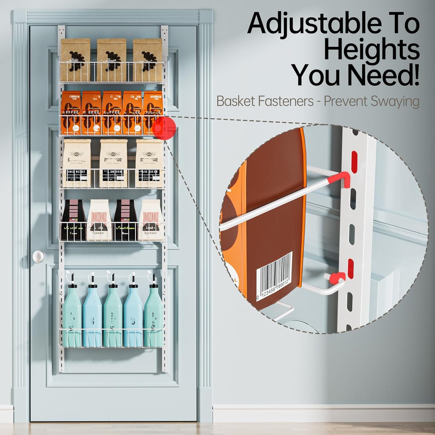 Adjustable Cabinet Door Organizer, 6-Tier Hanging Spice Rack Organizer