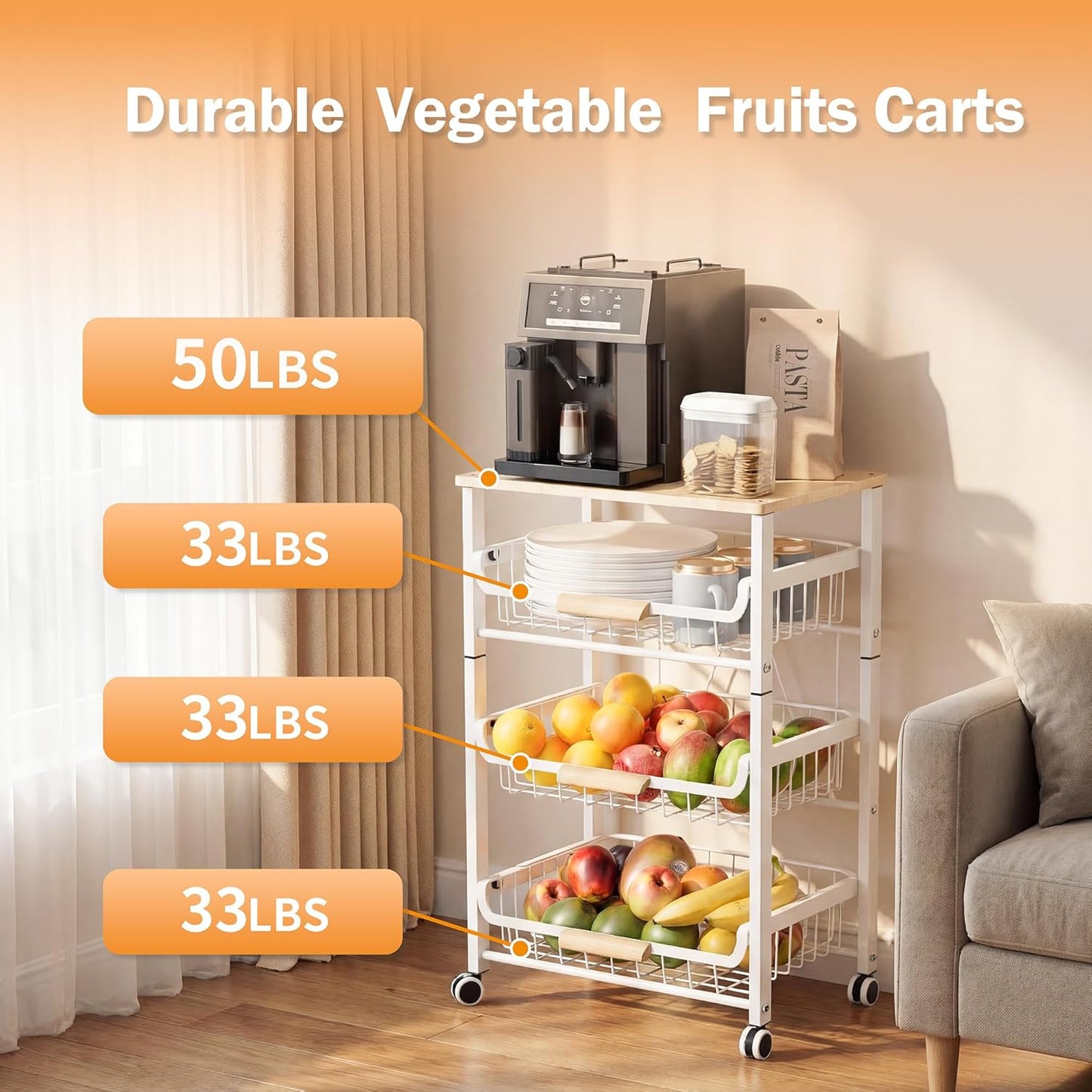 Slide Out Fruit Vegetable Basket for Kitchen, 4-Tier Rolling Storage Cart with Wooden Handle & Top