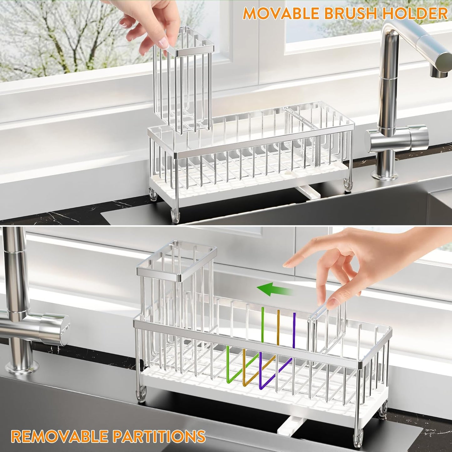Sponge Holder for Kitchen Sink, Sink Caddy Organizer with High Brush Holder