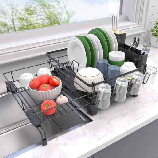 Dish Drying Rack - Expandable Dish Rack, Large Drying Dish Drainer Over Sink with Drainboard