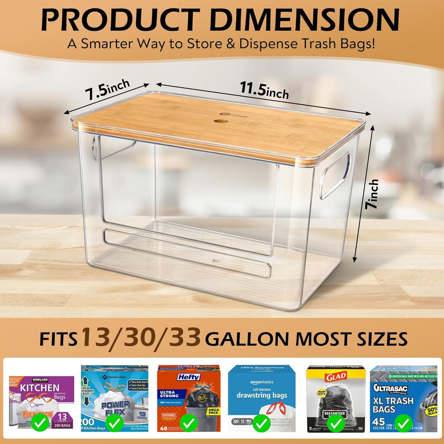 Stackable Trash Bag Dispenser with Wooden Top for Holding 13/30/33-Gallon Large Bag Sizes – Extra-Large Garbage Bag Holder with Anti-Slip Base, Trash Bag Dispenser Under Sink (11.5"x7.5"x7" inches)