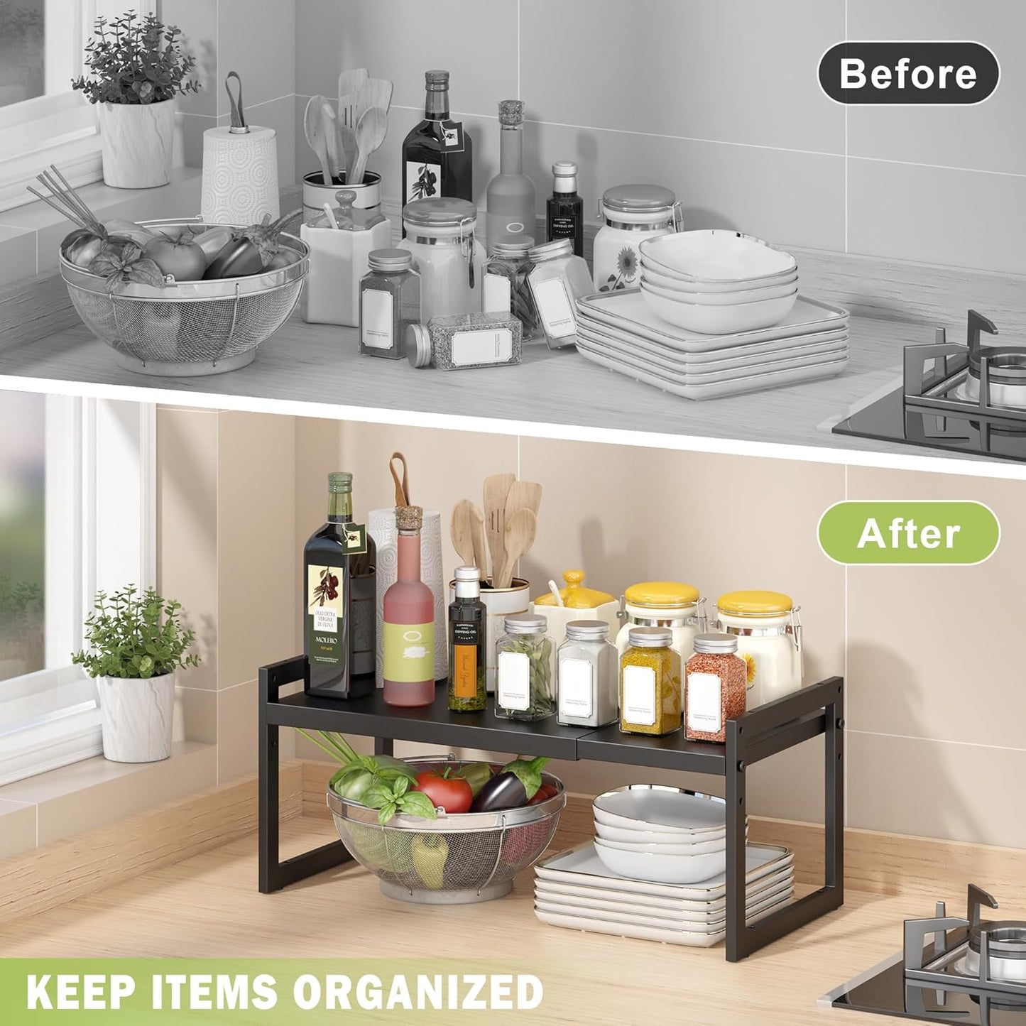 Expandable kitchen Countertop Organizer, Stackable Cabinet Shelf Organizers