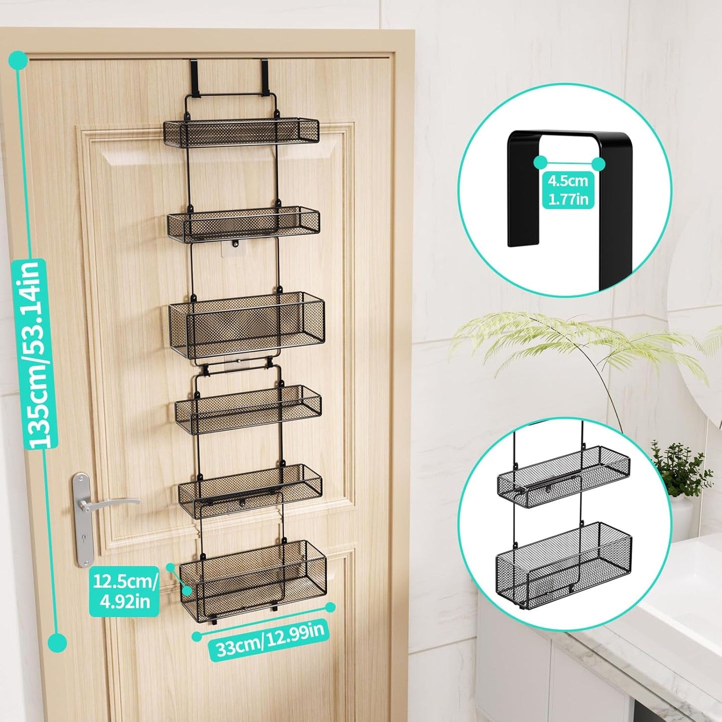 Over Door Organizer Storage - Separable Door Organizer Hanging with 6 Metal Large Capacity Baskets for Bathroom Bedroom Kitchen Pantry Closet (Black)