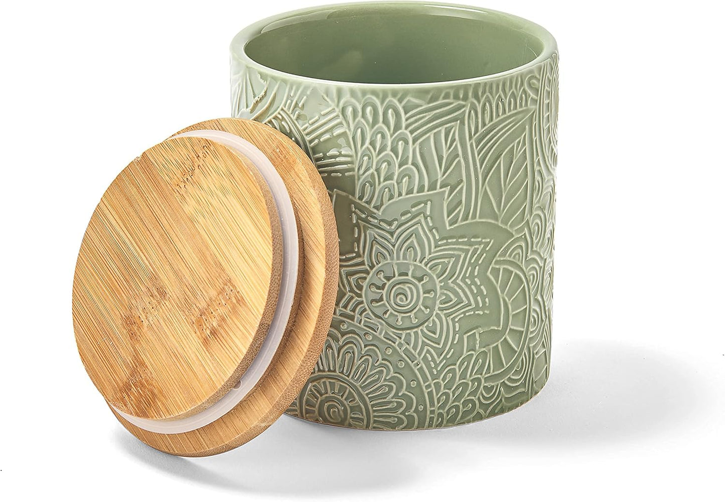 1182486-RB Embossed Canister 4-Piece Ceramic Set Jar Container with Wooden Lids for Cookies, Candy