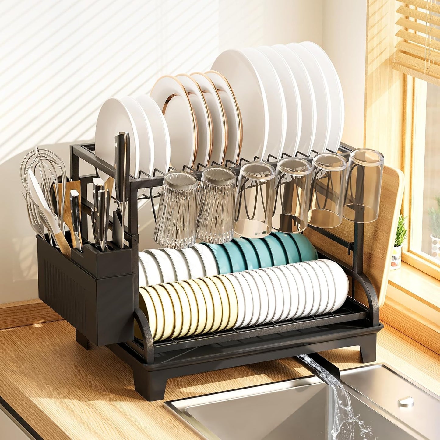 2-Tier Foldable Dish Drying Rack with Drainboard