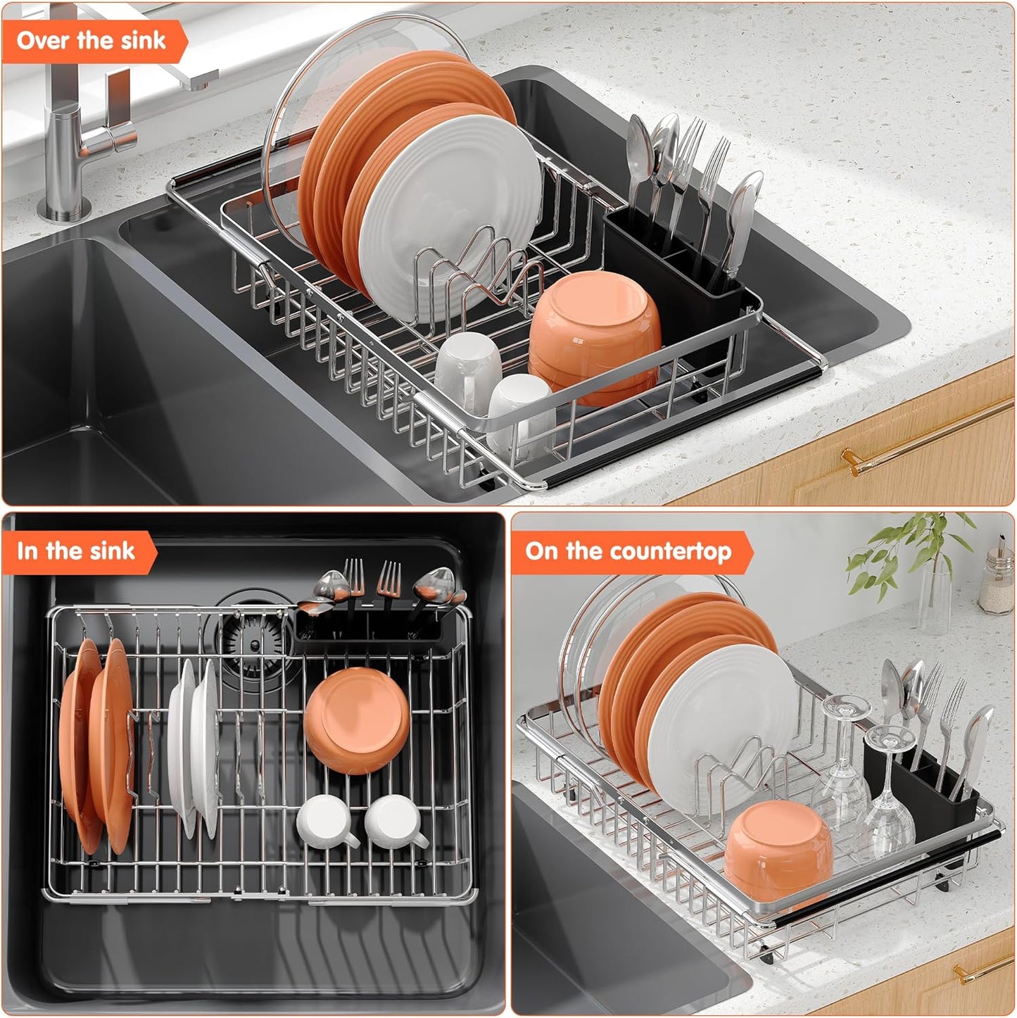 Expandable Over The Sink Dish Drainer Drying Rack In Stainless Steel Metal For Small Kitchen