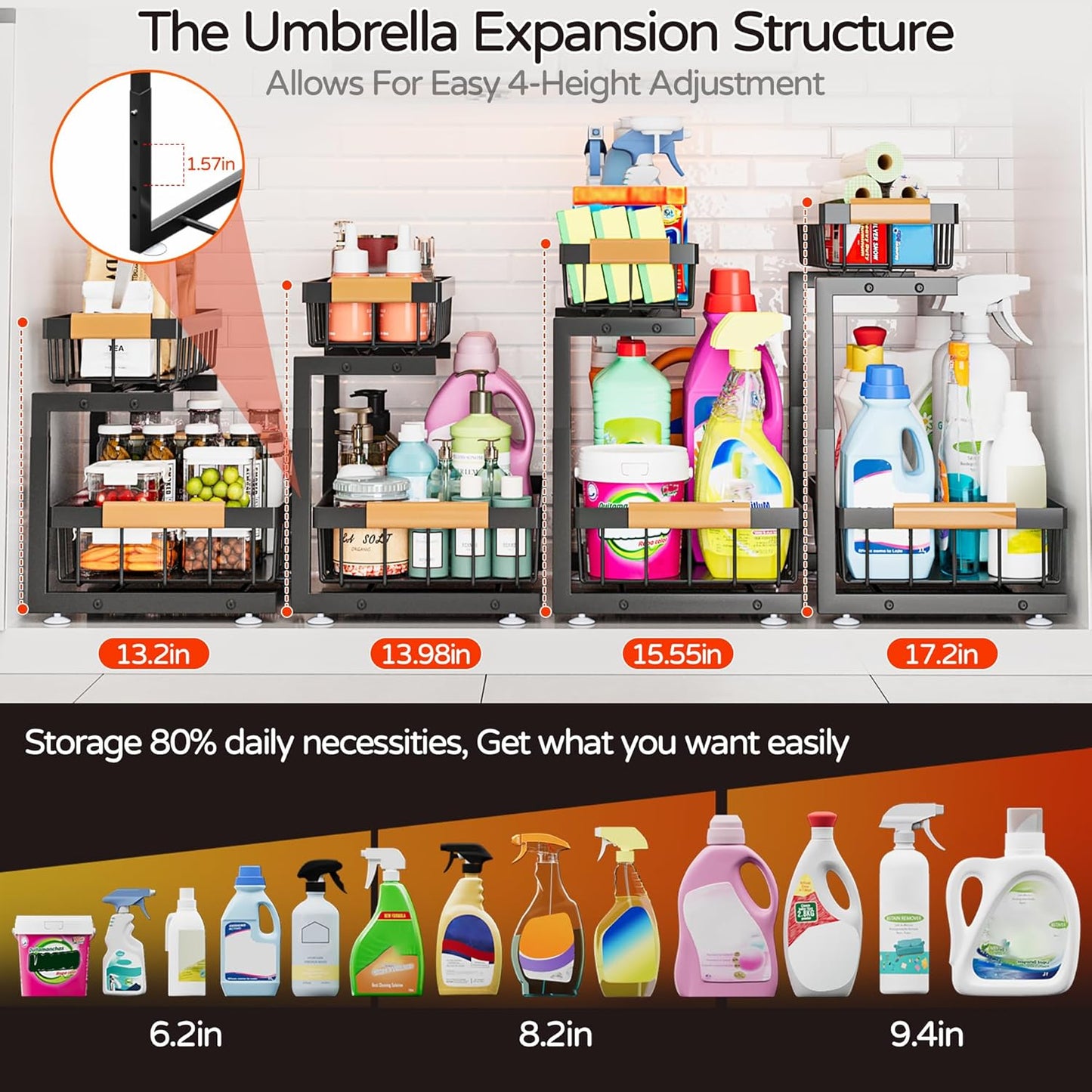 Under Sink Organizer, 2 Pack 2 Tier Expandable Height (13.2"