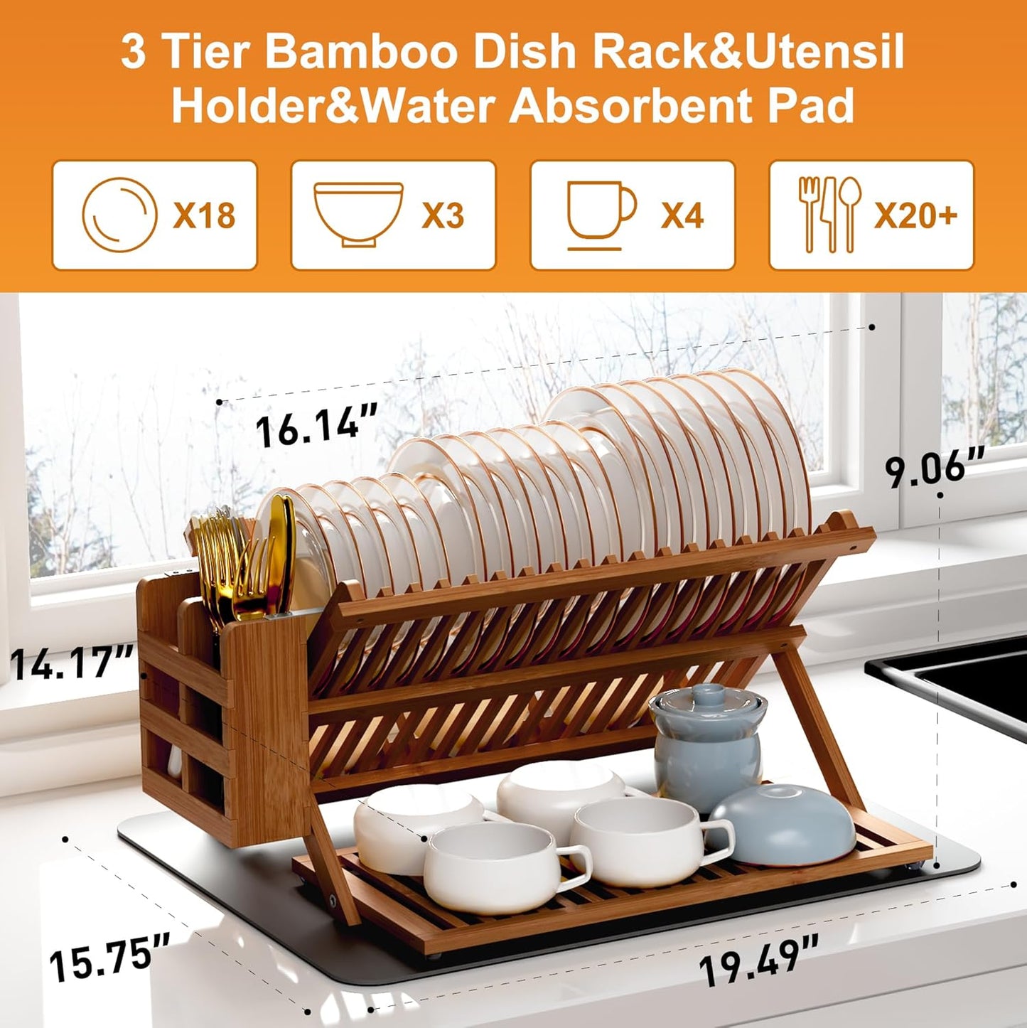 Teak Dish Drying Rack with Utensil Holder, 3 Tier Collapsible Dish Rack