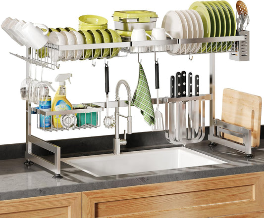 2 Tier Extra Large Stainless Steel Expandable Over The Sink Dish Drainer Drying Rack