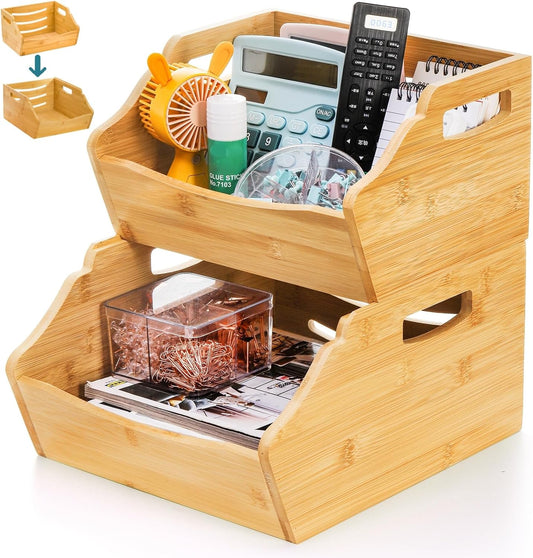 2 Pack Bamboo Stackable Storage Bin, Countertop Open Front Stacking Bins