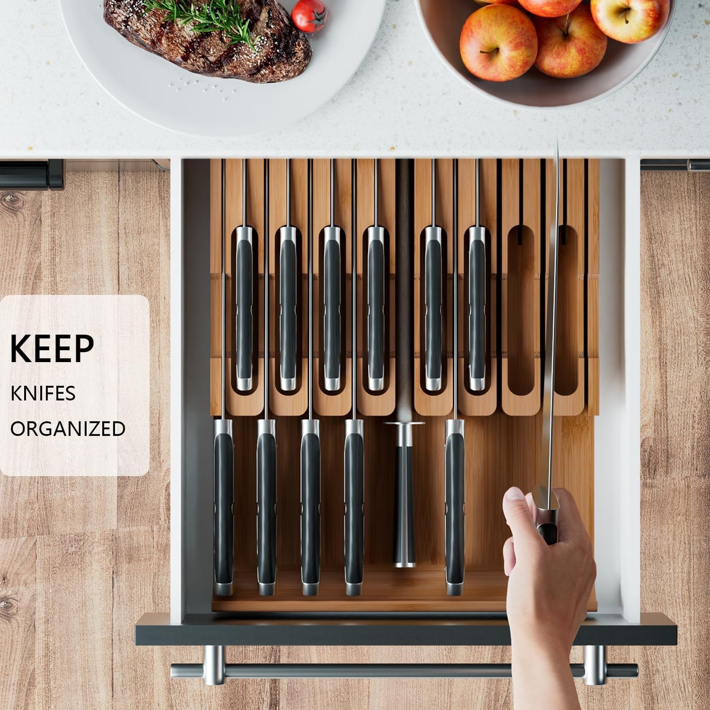 Bamboo In-drawer Knife Block - Knife Drawer Organizer Insert Large Handle Steak Knife Holder