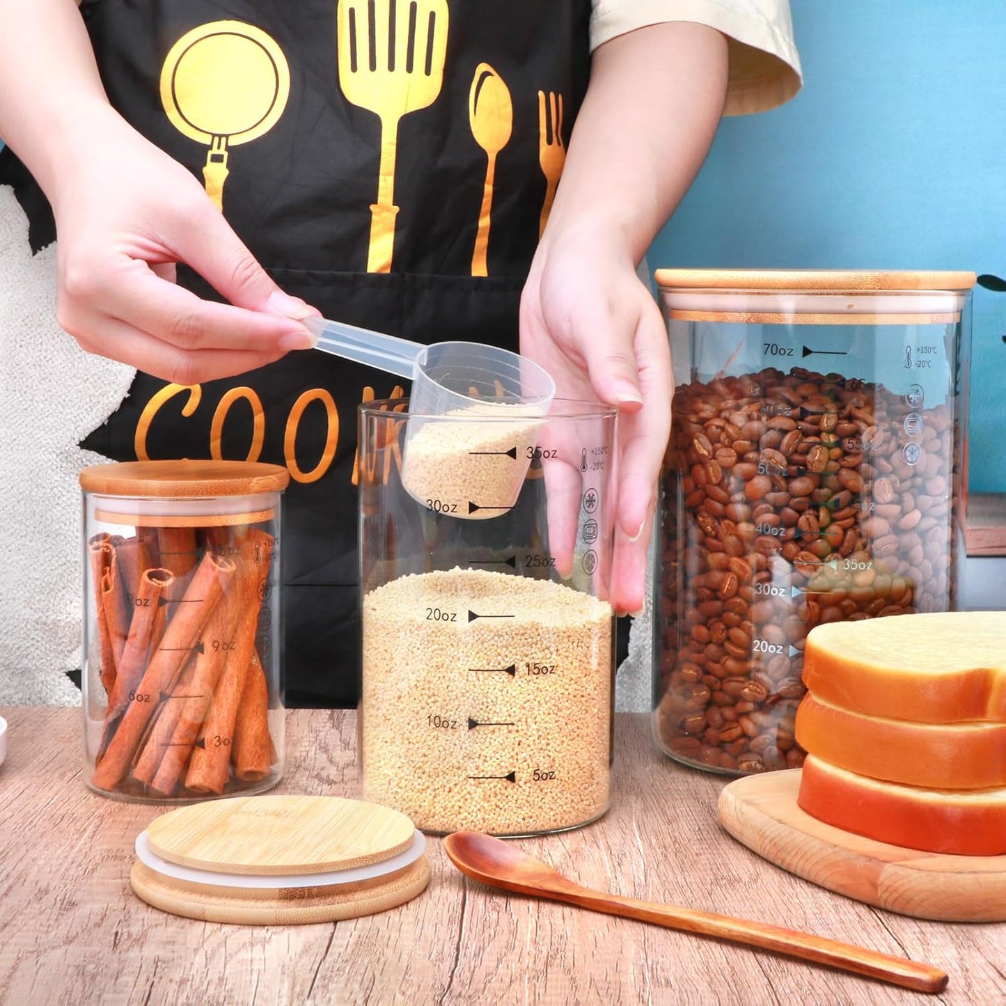 Glass Storage Containers with Lids,Glass Jars with Bamboo Lids, Canisters Set for Pasta, Nuts