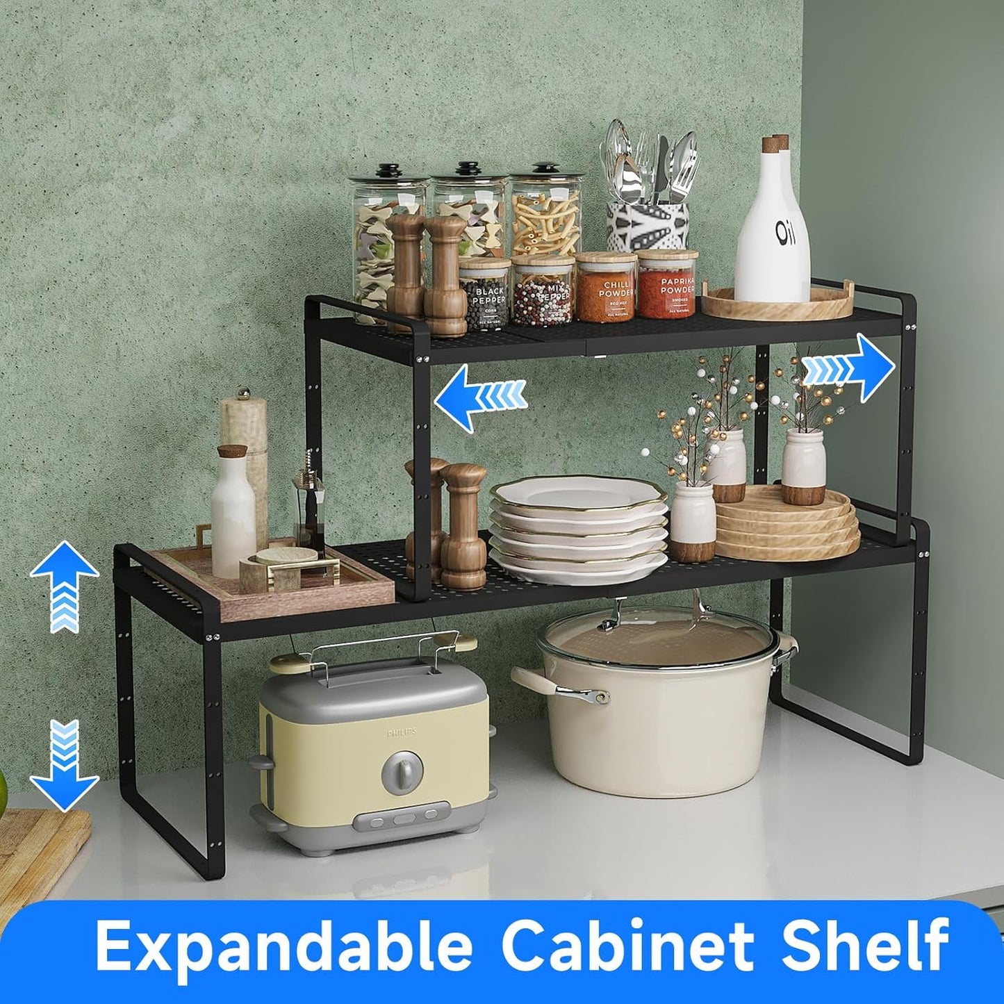 Expandable Cabinet Shelf Organizers, Kitchen Small Stand Rack Organization for Countertop Cupborad Pantry Desktop Spice Rack, Black 1 Pack