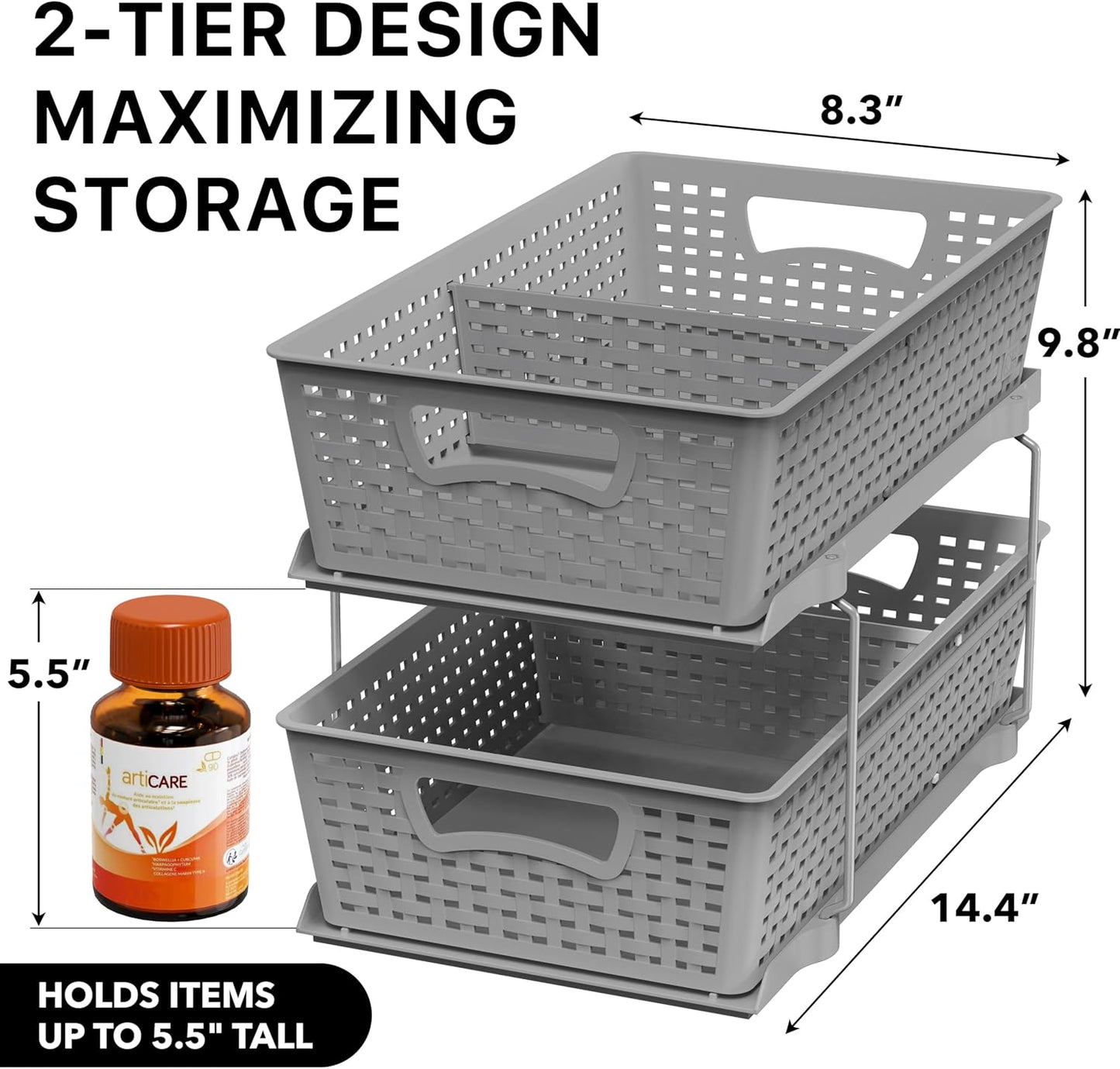 2 Tier Bathroom Organizer Tray Pull-Out Sliding Drawer, Under Sink Storage, Gray