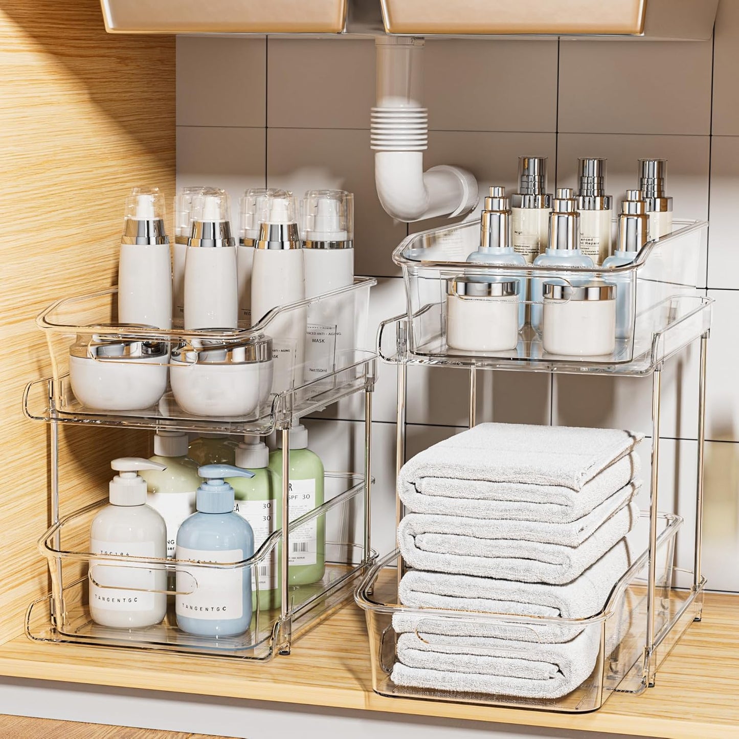 2-Tier Under Sink Organizers and Storage, Multi-Purpose Stackable Bathroom Cabinet organizers