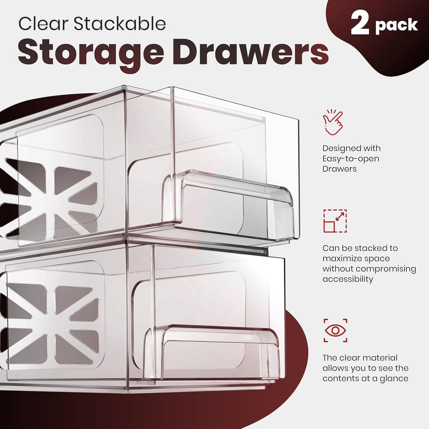 Acrylic Drawer Organizer 2-Pack – Clear Stackable Storage Drawers for Makeup, Skincare, Vanity