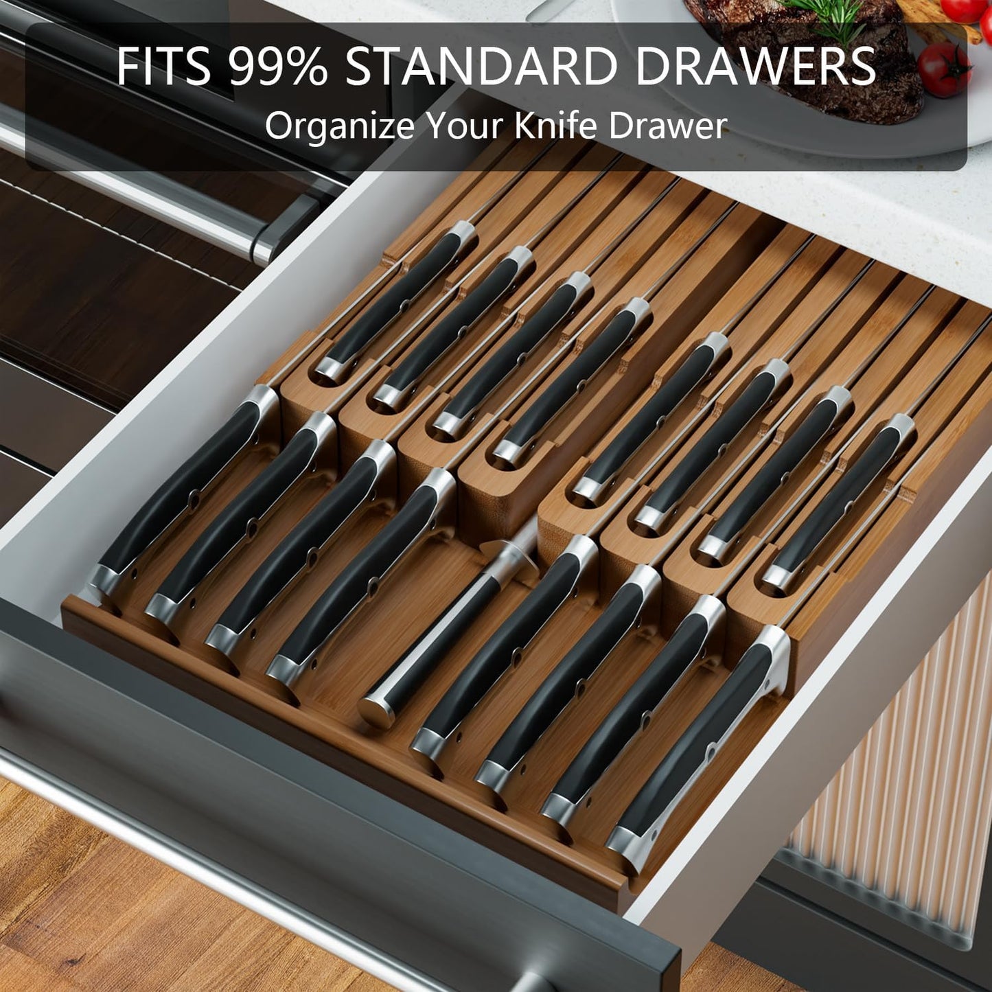 Bamboo In-drawer Knife Block - Knife Drawer Organizer Insert Large Handle Steak Knife Holder