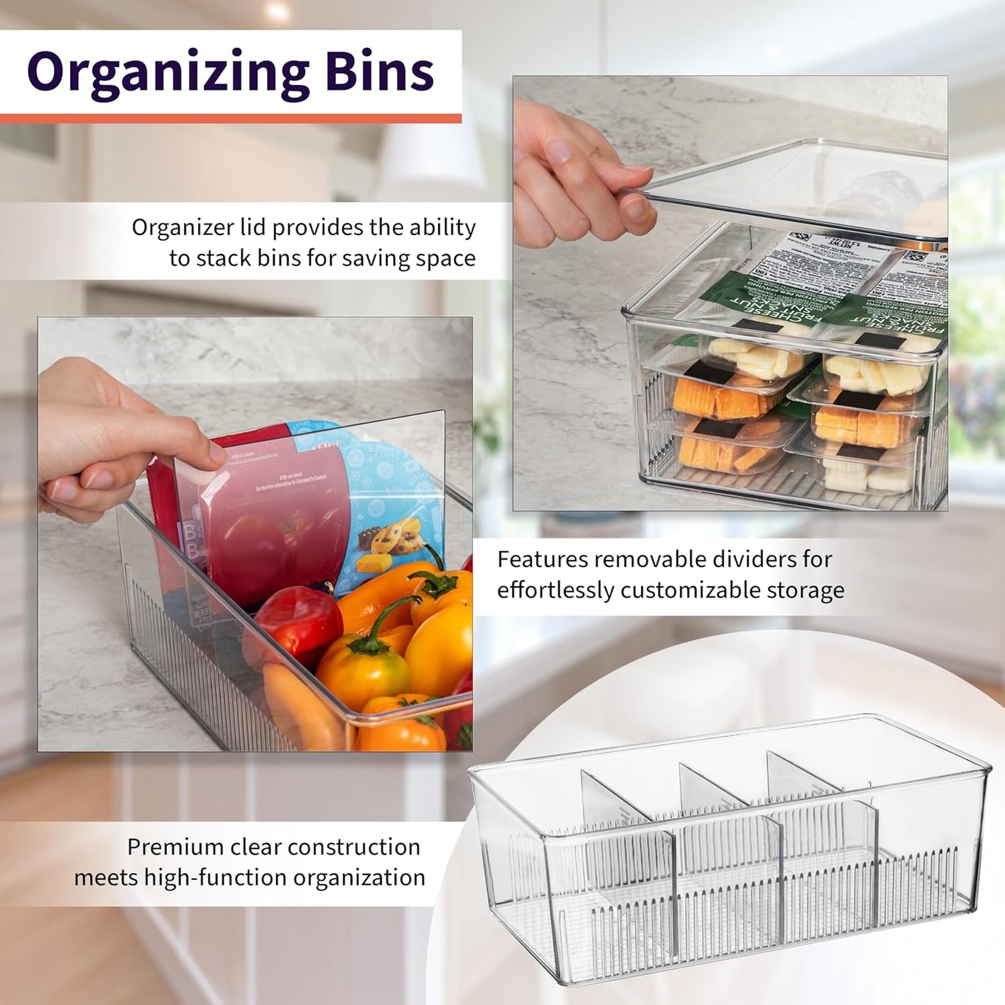 Pantry Organization and Storage Bins with Removable Dividers & Lids – Perfect Pantry Organizers or Kitchen Organization – Refrigerator Organizer Bins, Cabinet Organizers, 4 Pack