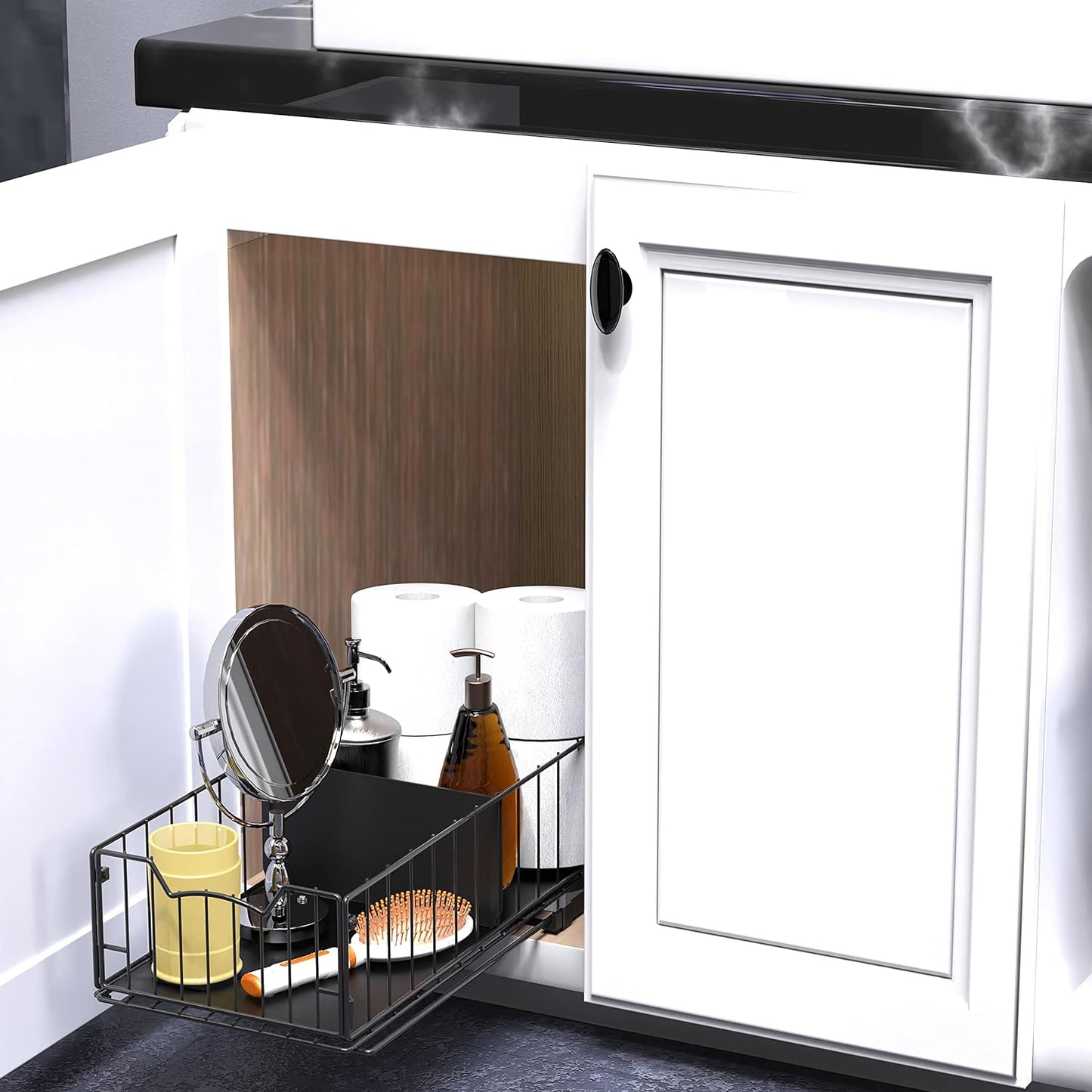 Pull-Out Cabinet Sliding Basket Organizer, 17.2" D x 9.7" W x 5" H – Black