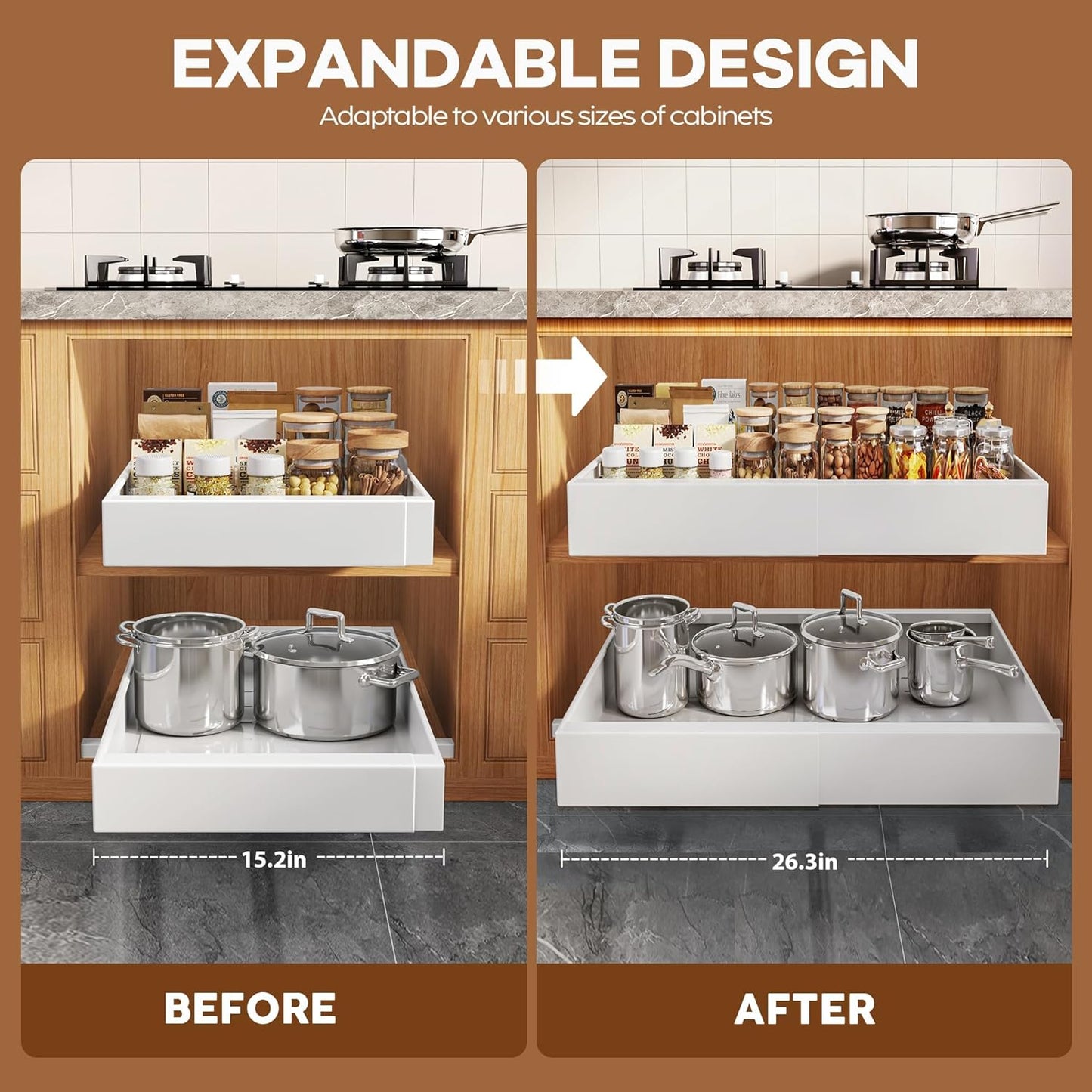 2 Pack Expandable Pull Out Cabinet Organizer 21"Deep With Raising Pad for Framed Cabinets,Upgrade 3 Slide Rails Slide Out Drawers,Roll Out Shelves Adhesive,Adjustable Width 15.15"-26.3" White
