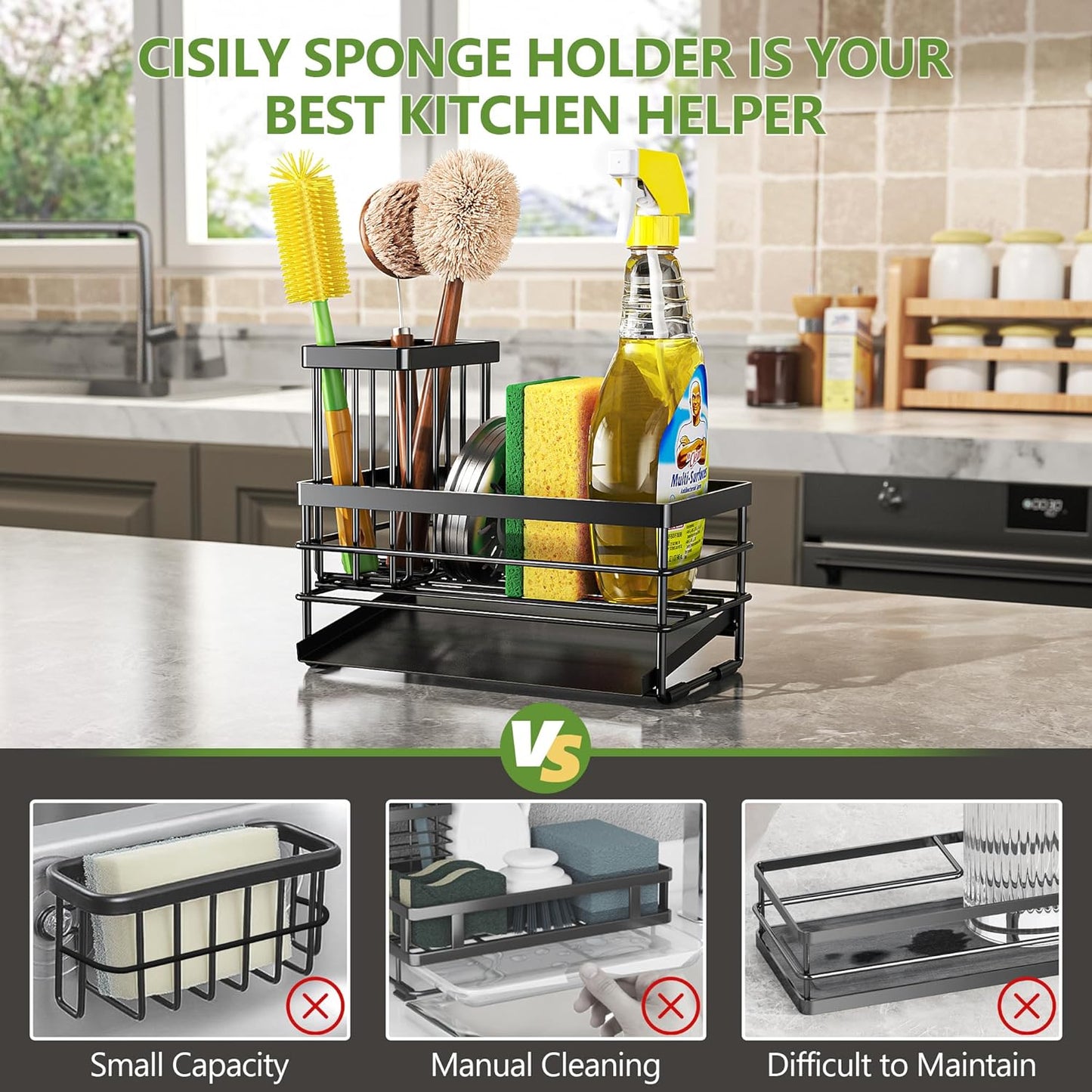 Sink Caddy Sponge Holder for Kitchen with Brush Holder and Stainless Steel Self Drain Tray