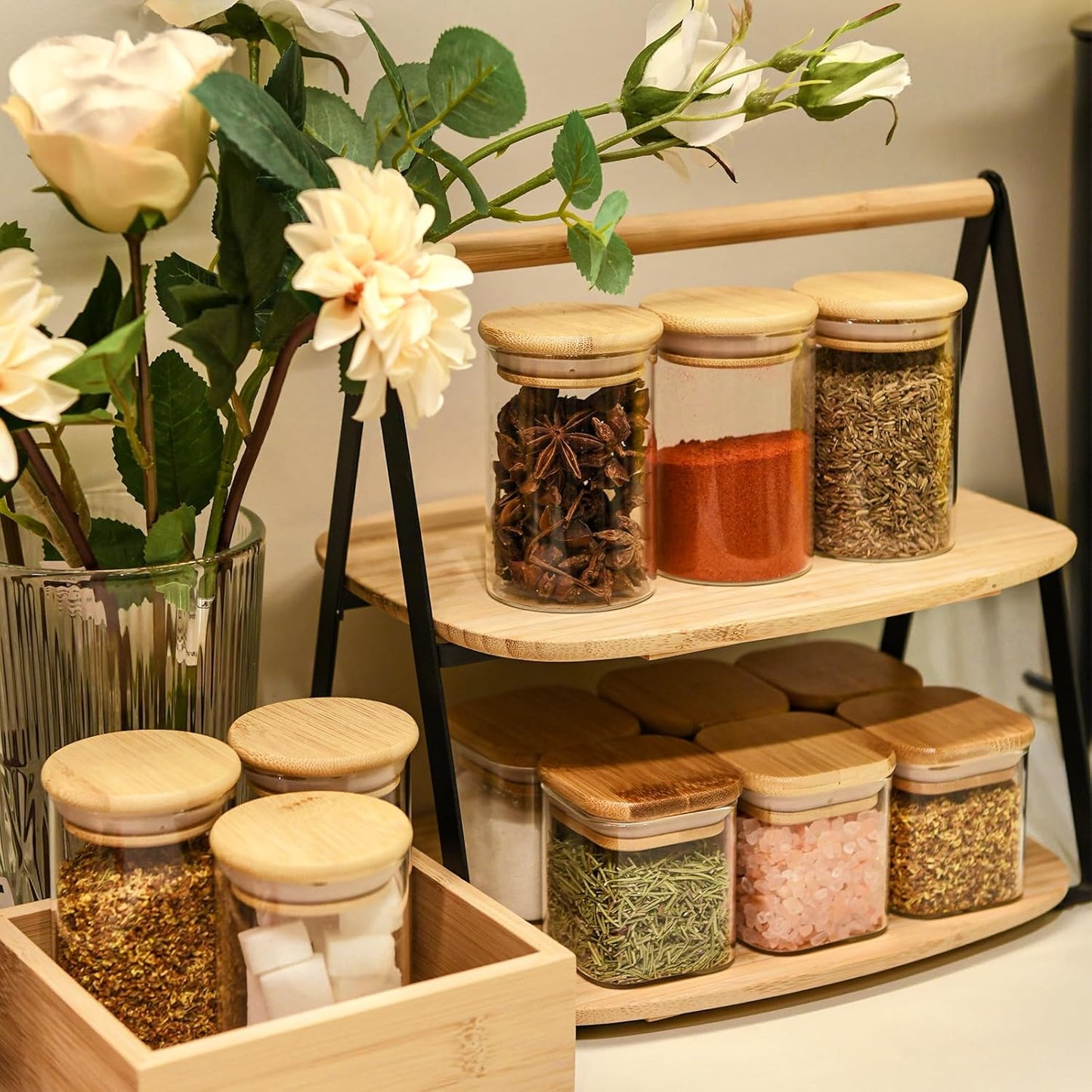 8oz Glass Food Storage Jars, Glass Jars with Bamboo Lids, Kitchen Storage Jars, Set of 12