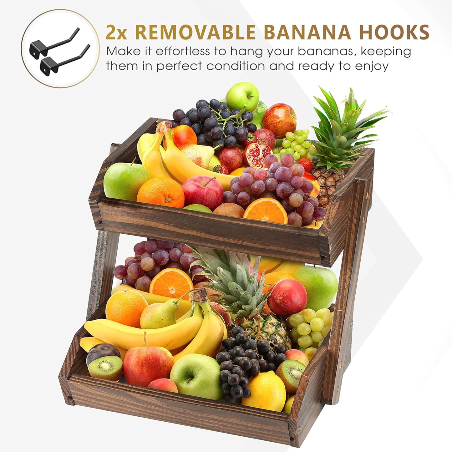 Large Capacity 2-Tier Wooden Fruit Basket, Durable Acacia Wood, 10.5" Tall, Spacious for Produce