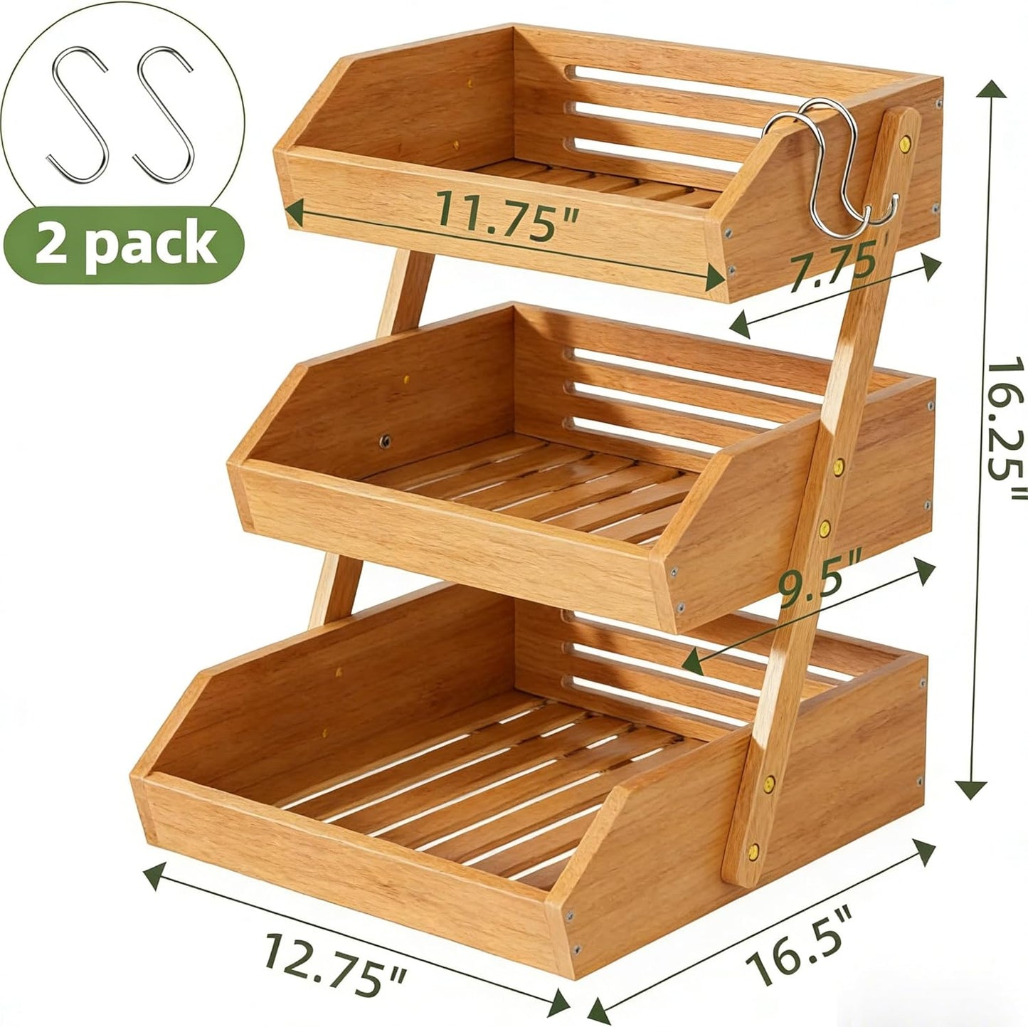 3-Tier Natural Bamboo Fruit & Vegetable Basket Organizer