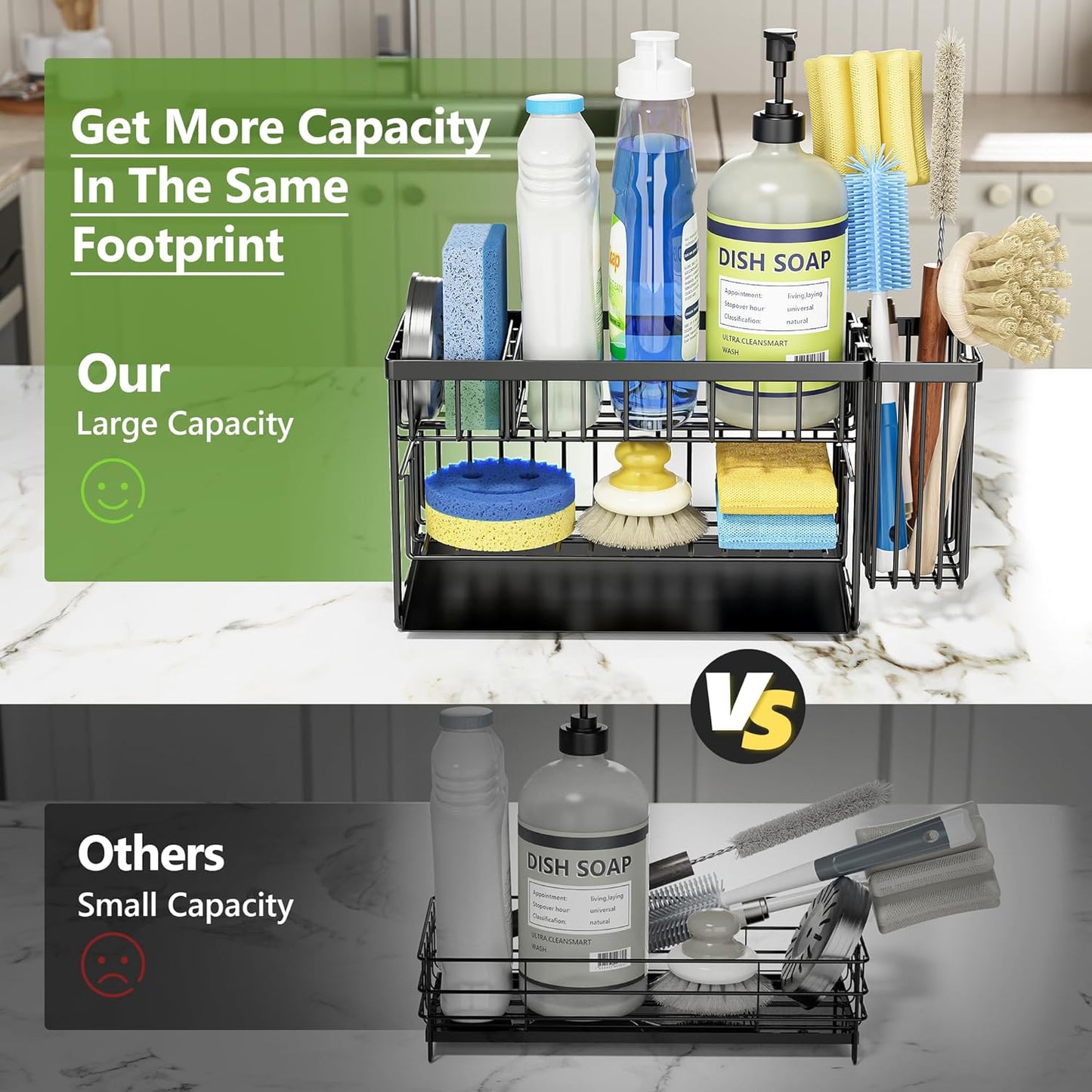 2-Tier Kitchen Sink Caddy Organzier Rack with Flexible Dish Brush Holder