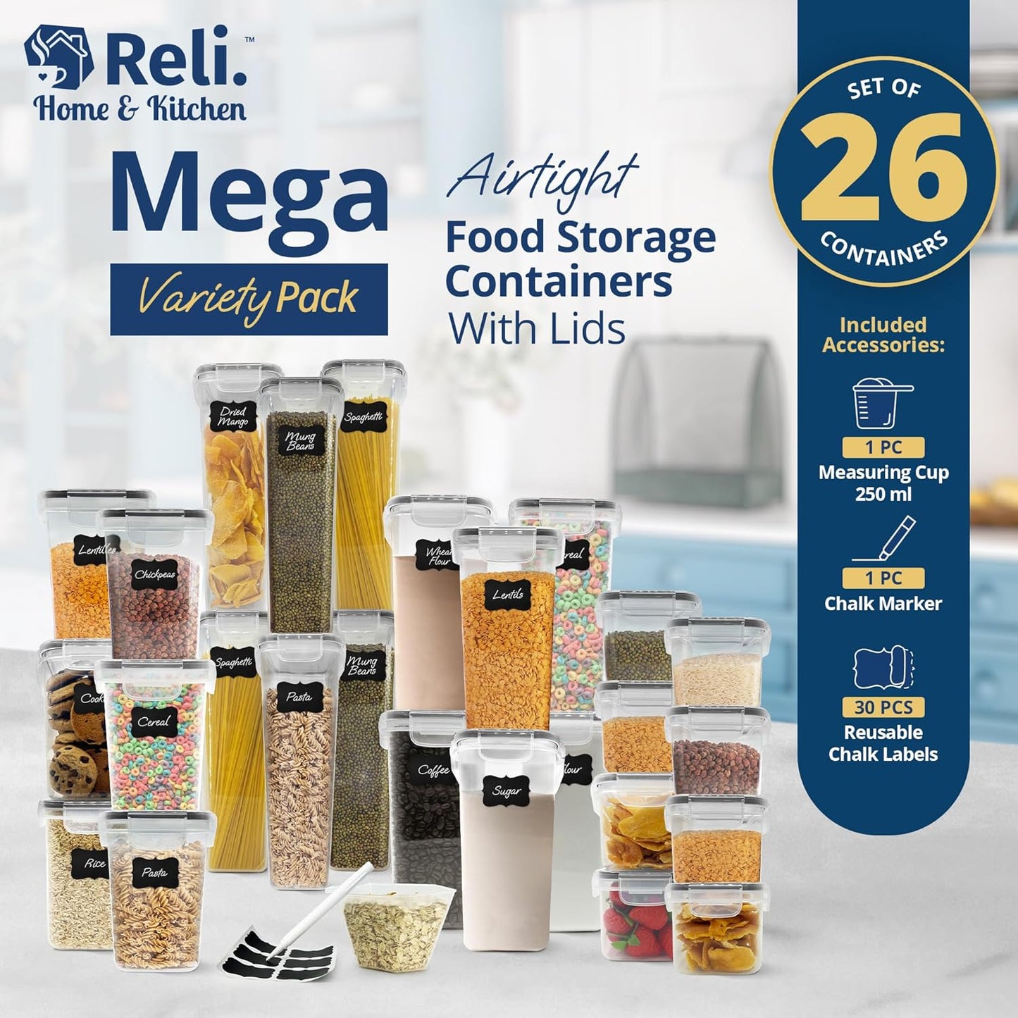 Airtight Food Storage Containers with Lids (26 Sets) | Kitchen Organizers and Storage Pantry Organizers | BPA Free Plastic Food Containers | Mega Variety Pack w/Measuring Cup, 30 Labels, Pen