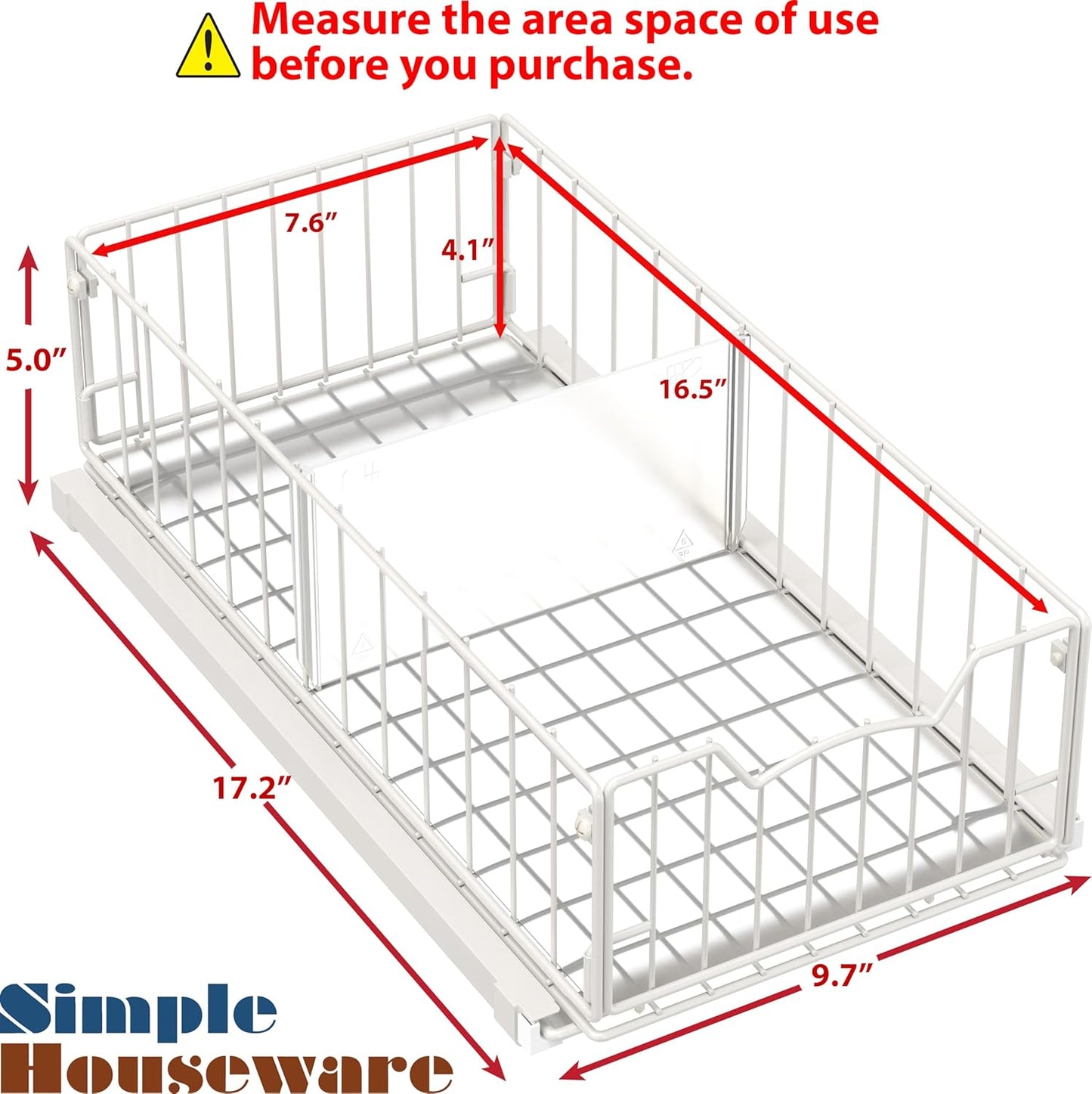 Pull-Out Cabinet Sliding Basket Organizer, 17.2" D x 9.7" W x 5" H – White